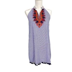 THML Women Blue White Striped Casual Dress M embroidered neckline tassels Boho